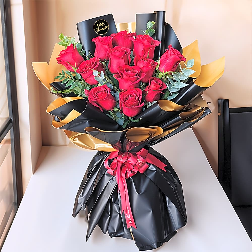 Red roses bouquet with some white flowers and leaves N view 1