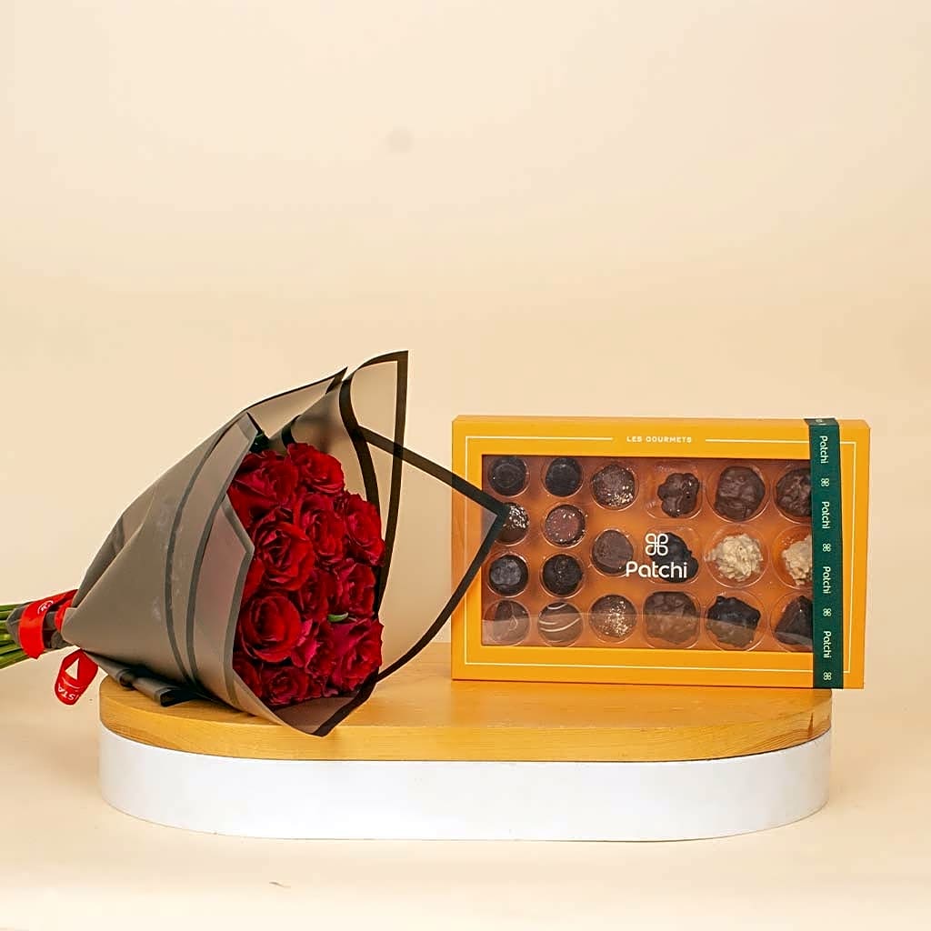 Patchi Les Gourmets 20 pcs & Red Roses Bouquet view 1