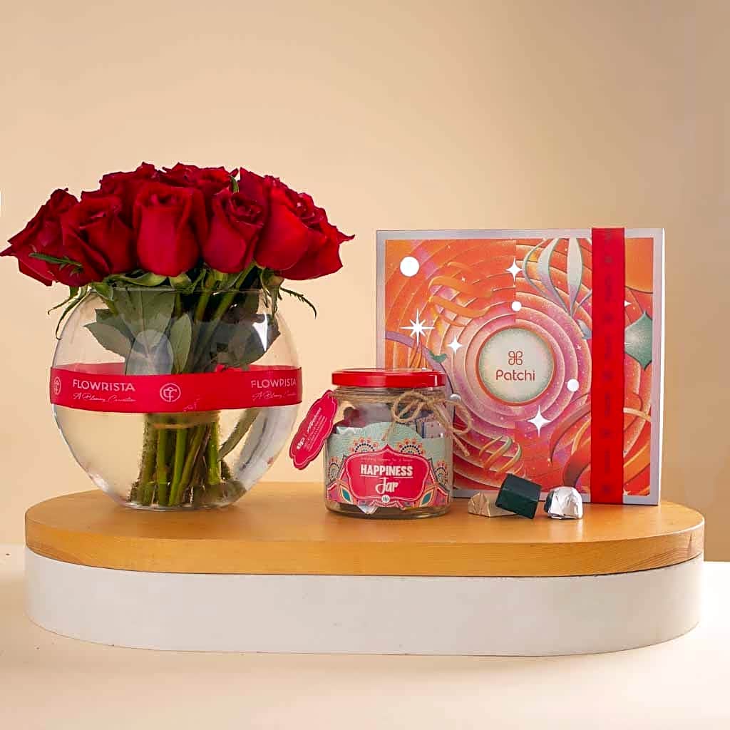 Happiness Jar, Patchi Joyful Moments & 15 Red Roses Vase view 1