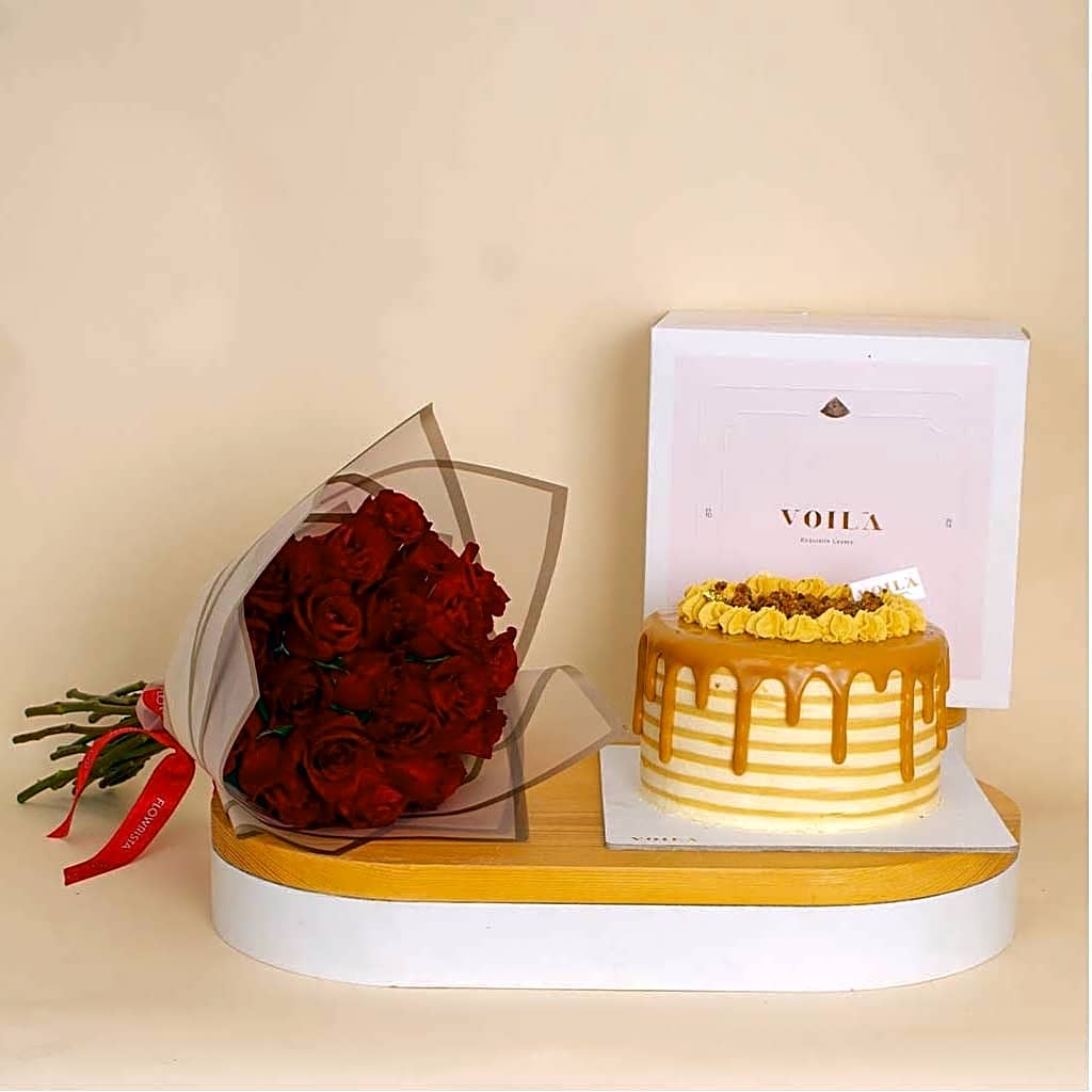 Voila Caramel Cake & Roses Bouquet view 1