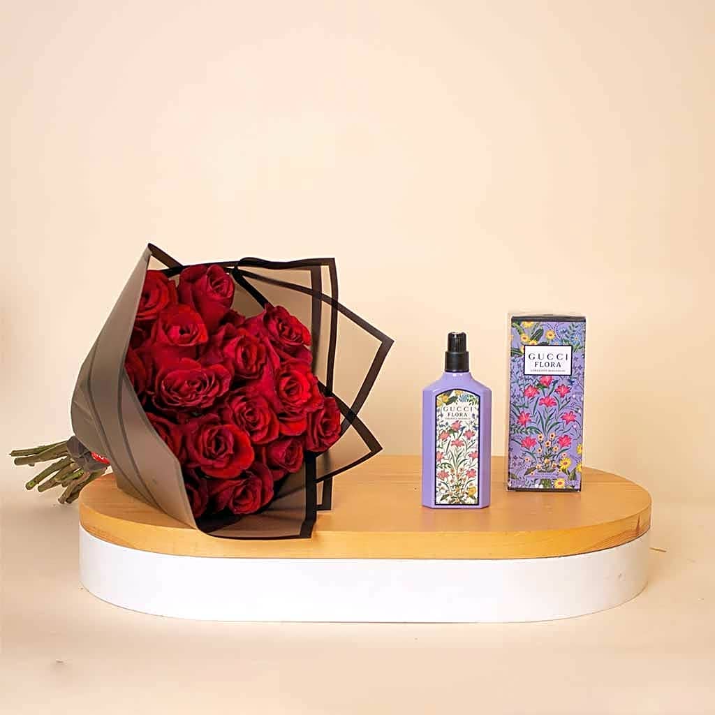 Gucci Flora Gorgeous Magnolia For Her EDP 100ml & 15 Red Roses Bouquet view 1