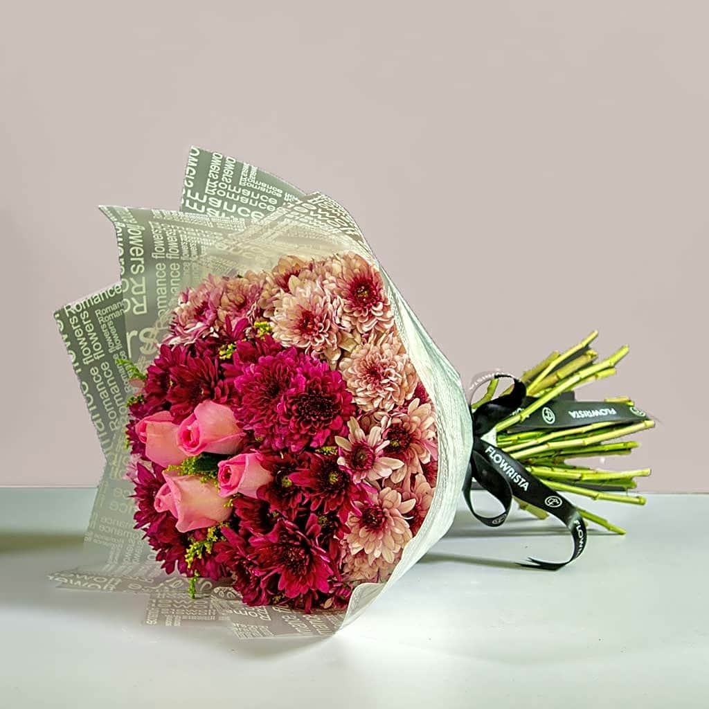 Hand Bouquet with Purple Chrysanthemums & Pink Roses view 1