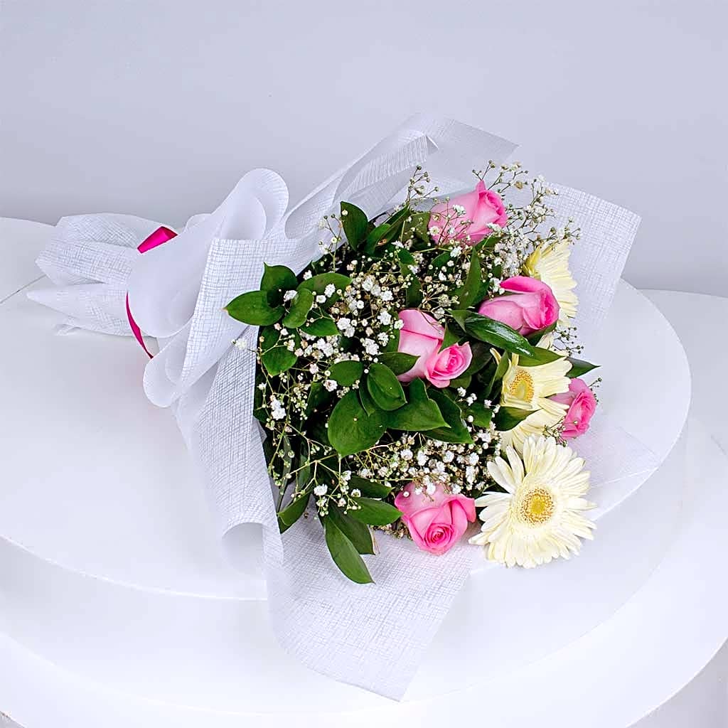 Whisper of Purity — White & Pink Roses Hand Bouquet view 1