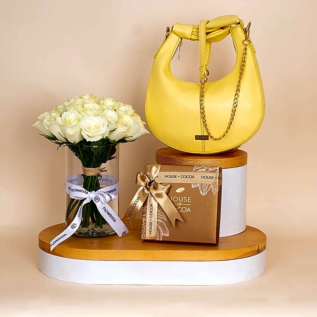 Alamki Bella Yellow Bag & White Roses Vase & House of Cocoa Chocolate Box view 1