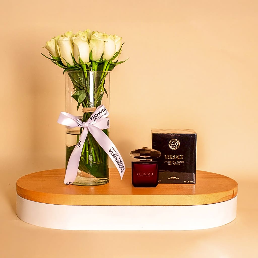 Versace Crystal Noir with White Roses Vase 15 Roses view 1