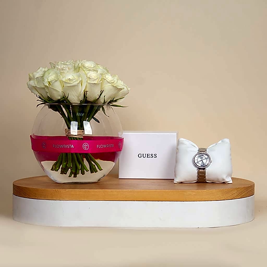 Guess Montage Watch GW0588L2 & 20 White Roses view 1