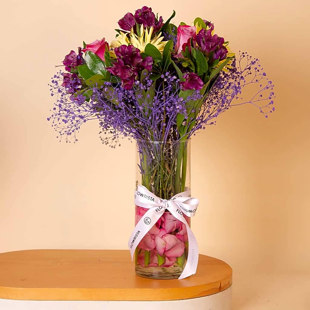 Purple & Pink Mixed Flowers Glass Vase view 1