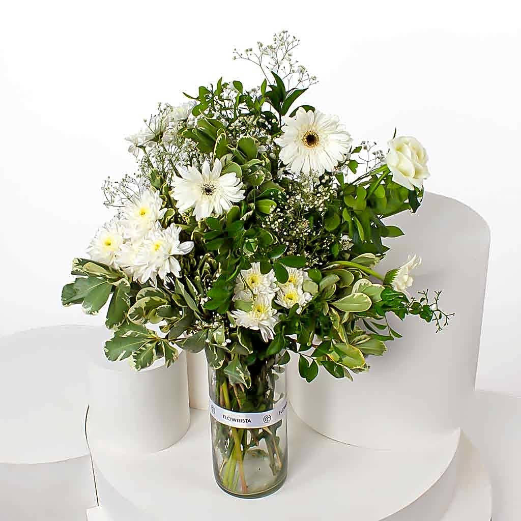 Whisper of White – Gerbera & Caranthantum Vase view 1