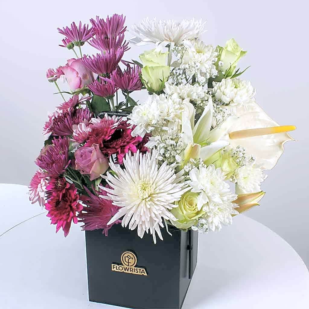 Pink and white flowers bouquet with eucalyptus N view 1