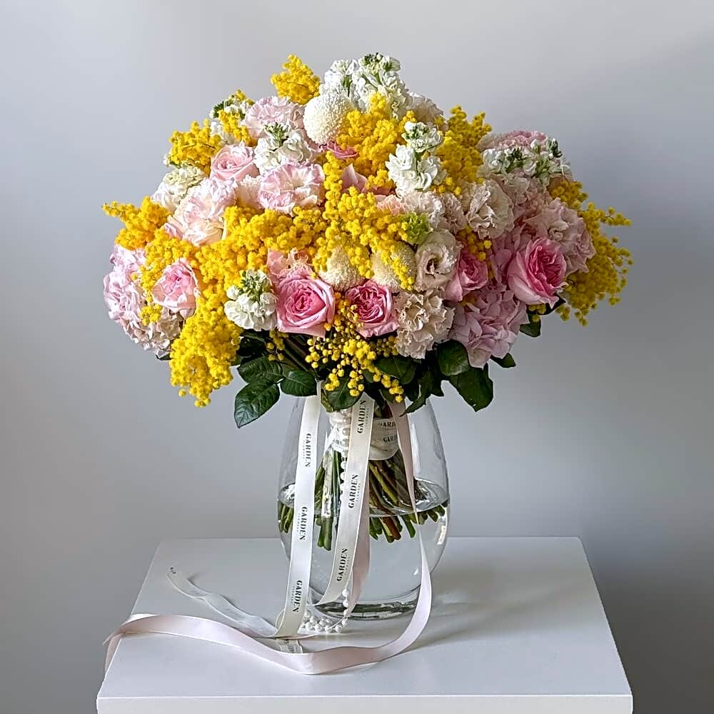 «Spring» bouquet (size L) — mimosa, hydrangea, Ohara rose view 1