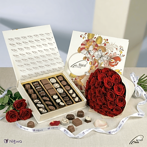 Le Chocolate box with red bouquet view 1