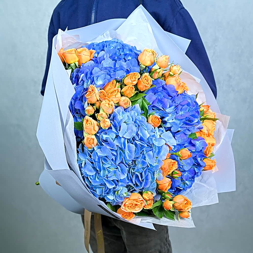 Hand Bouquet Hydrangea Blue & Oranges view 1