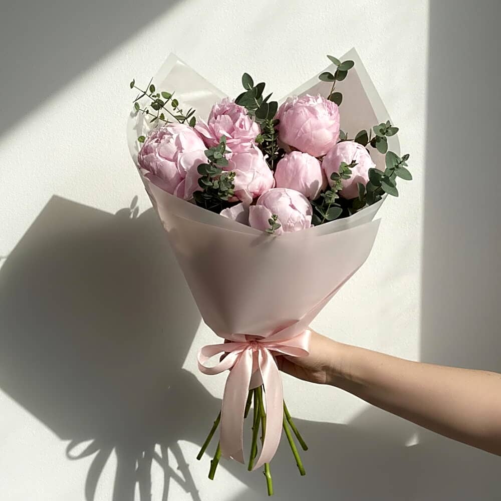 Bouquet Of Peach Peonies & White Hydrangea view 1