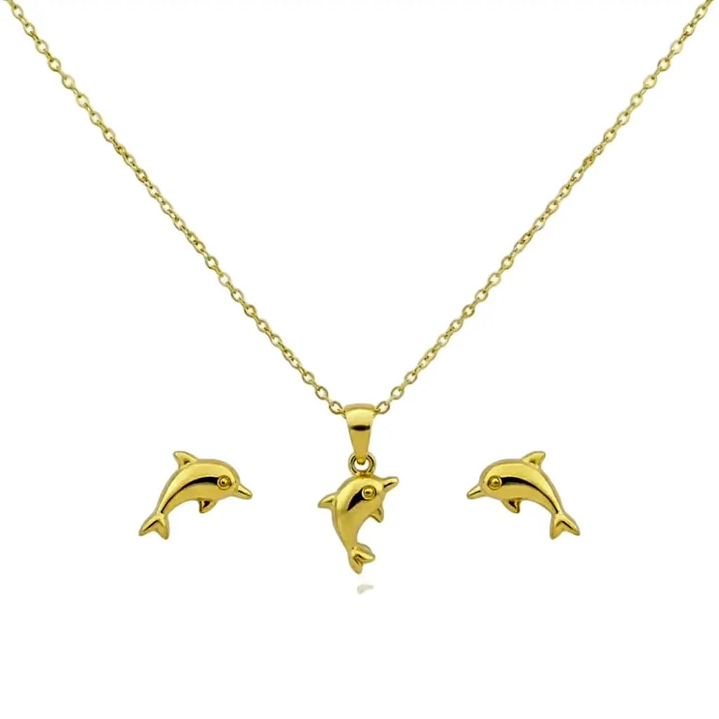 18K Real Gold Dolphine Necklace And Earring Set view 1