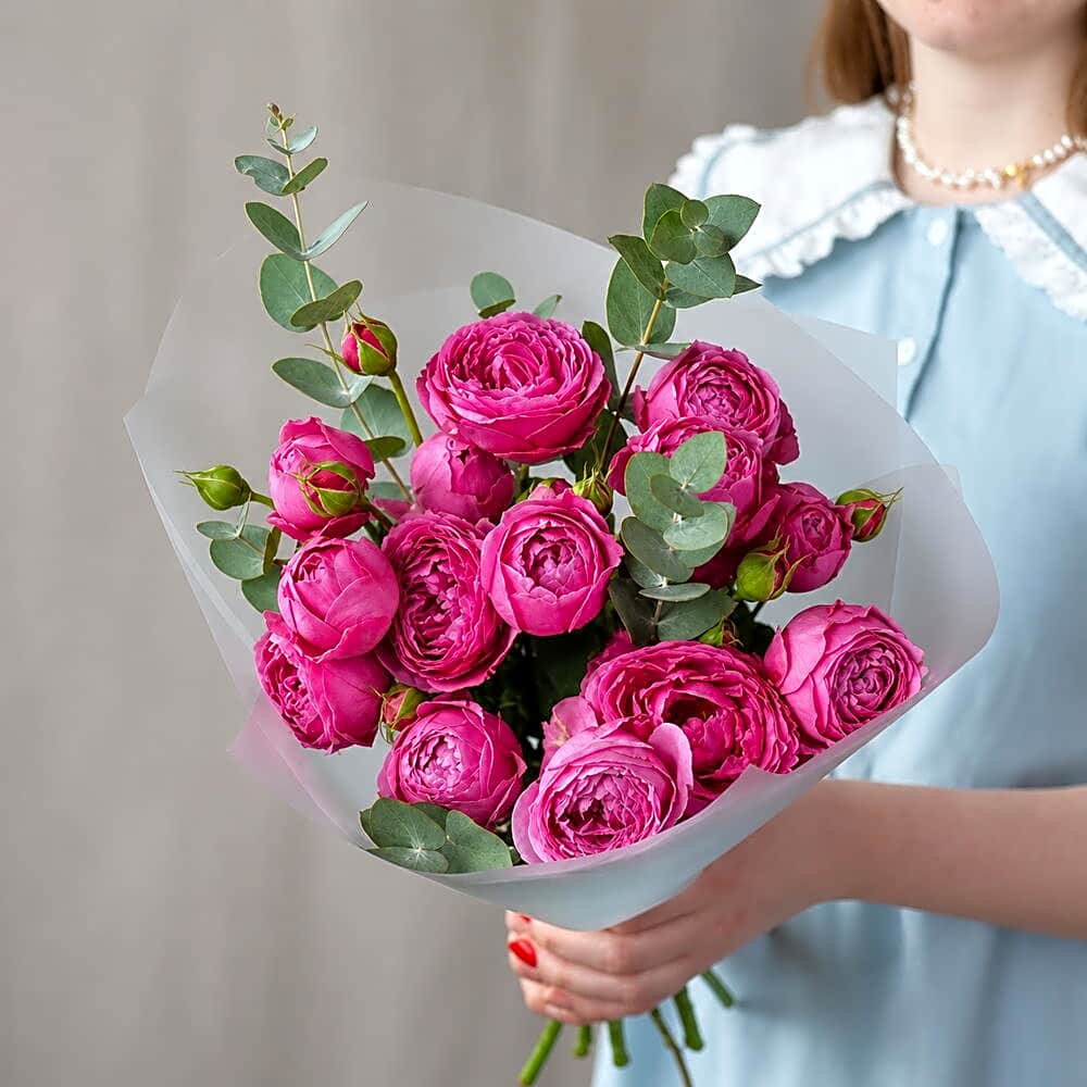 Bouquet of peony roses with eucalyptus-3923 view 1