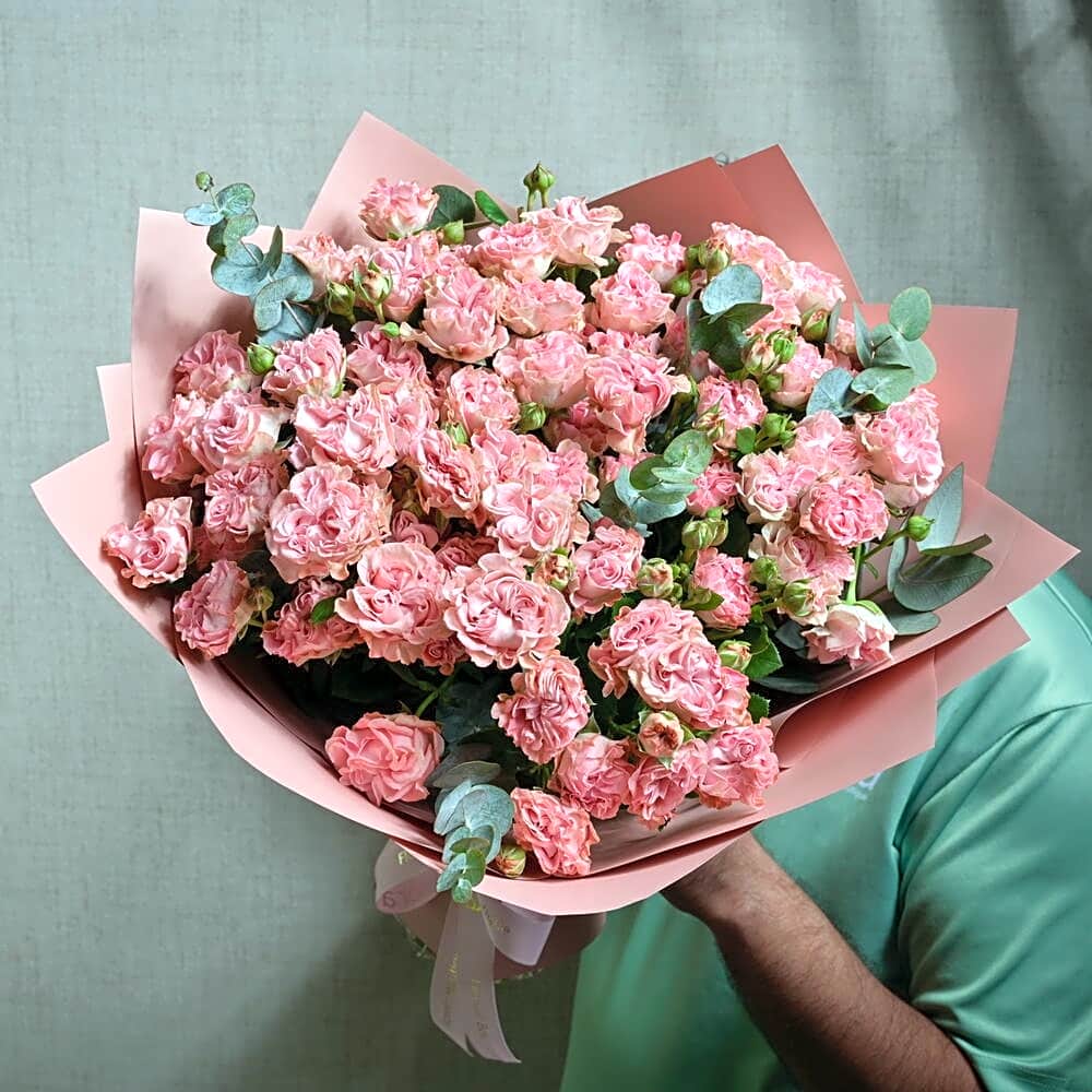 Pink Garden Rose and Eucalyptus Bouquet 6556 view 1