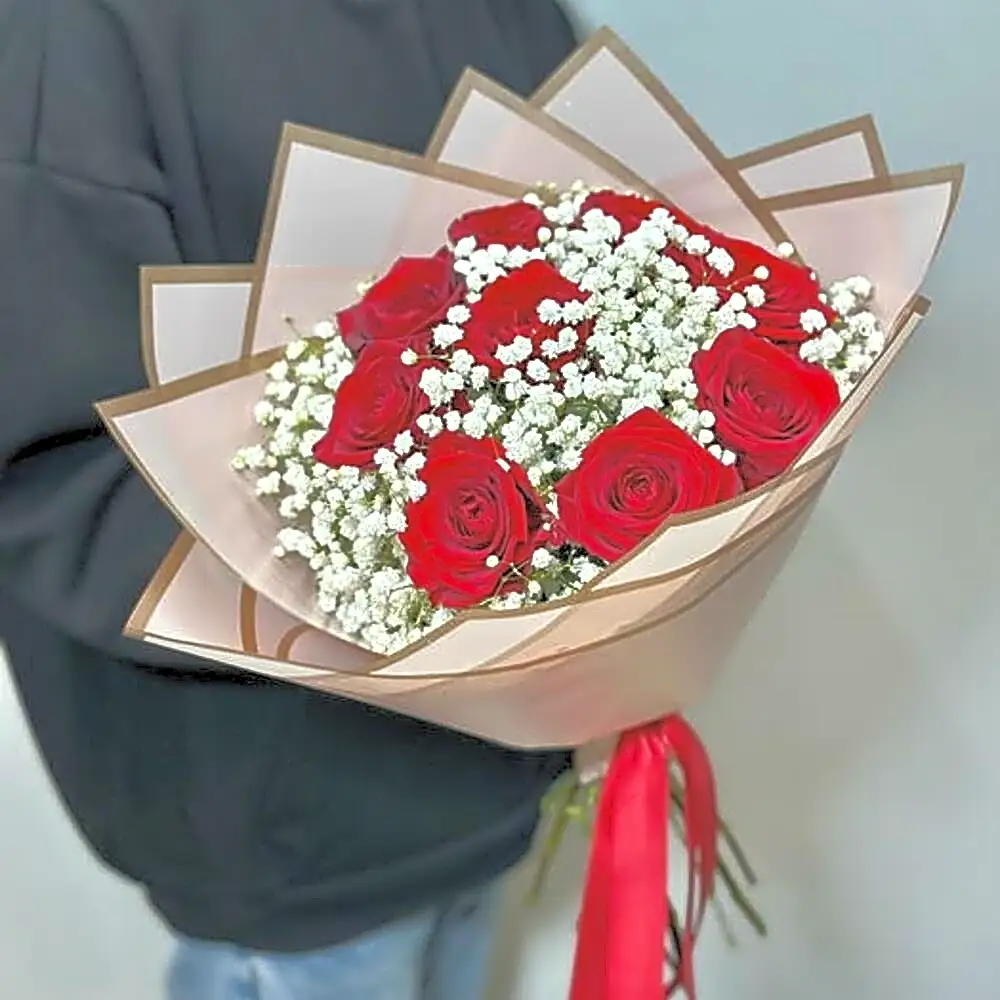 Red Roses with Gypsophila flowers