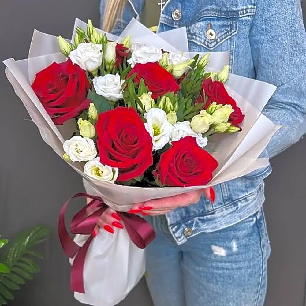 Red Roses and White Eustoma Flowers Bouquet