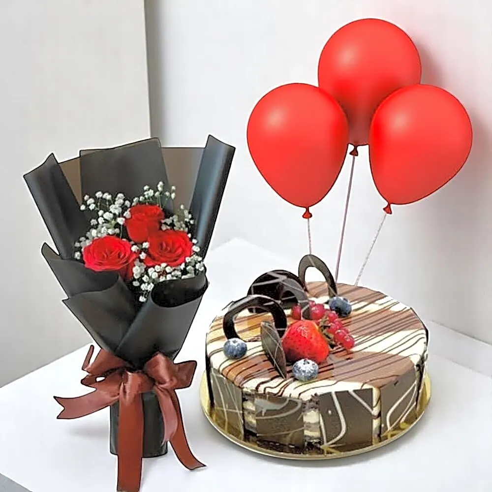 Romantic Cake Flower Combo with 3 Red Roses, Marble Cake Balloons