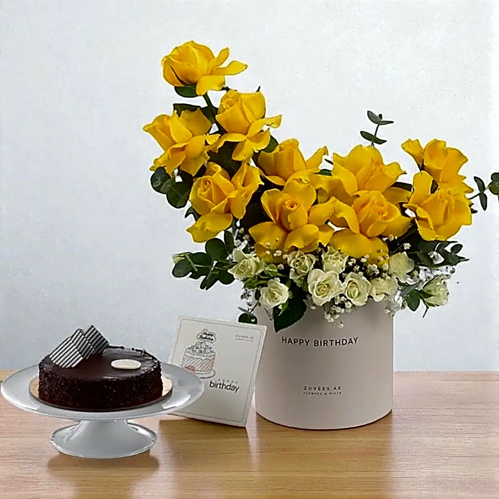 Sunshine Snowflakes Birthday Box with Chocolate Cake – Yellow White Rose Floral Gift Set