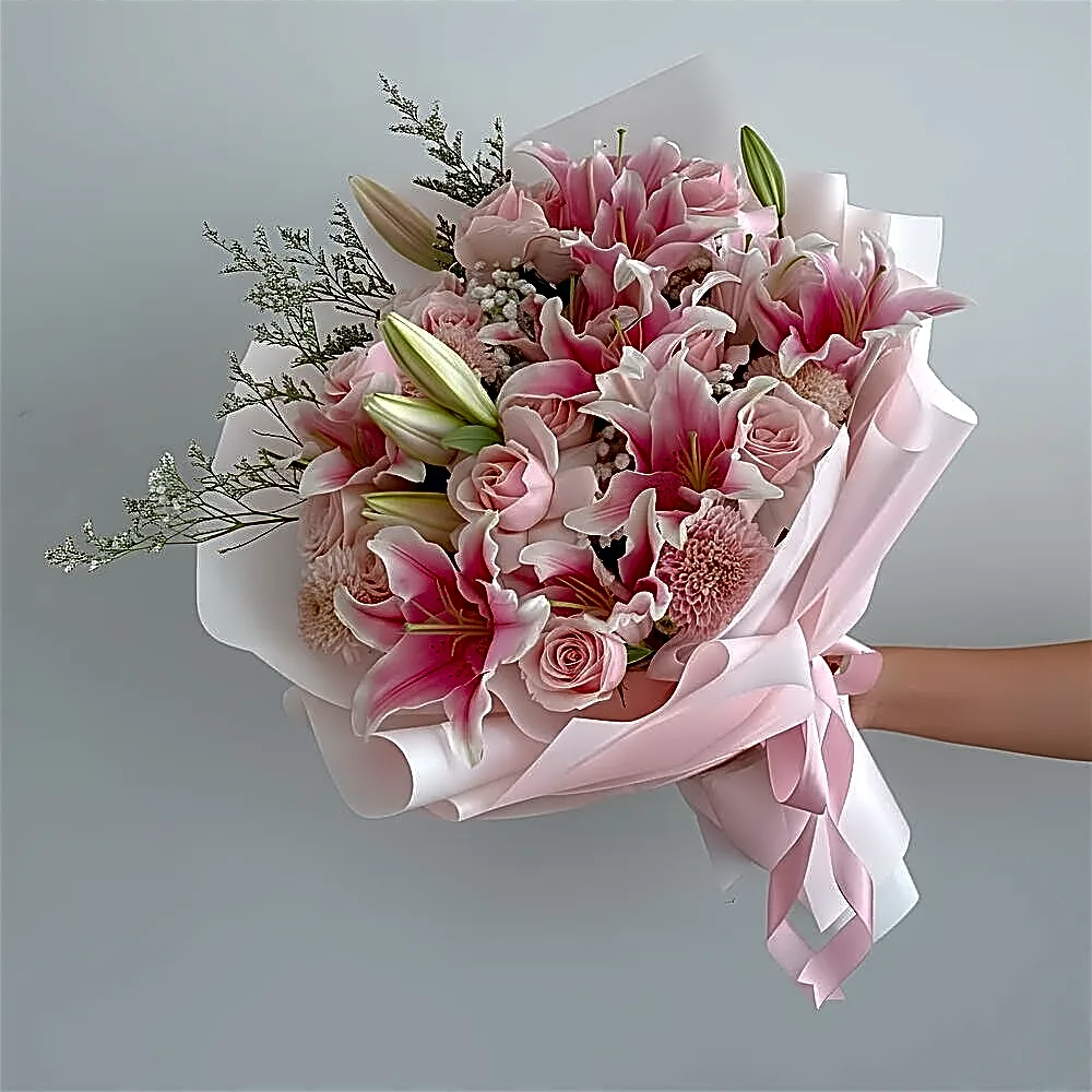 A bouquet of colorful flowers with a happy birthday ribbon