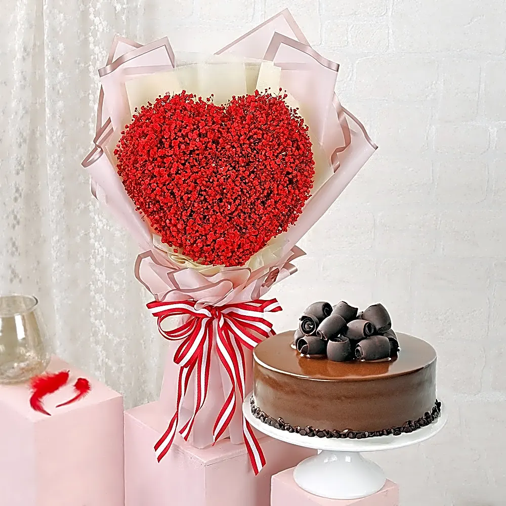 Red Baby's Breath And Choco Fudge Cake