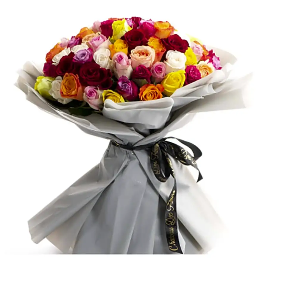 Mixed rose bouquet with gray wrapping