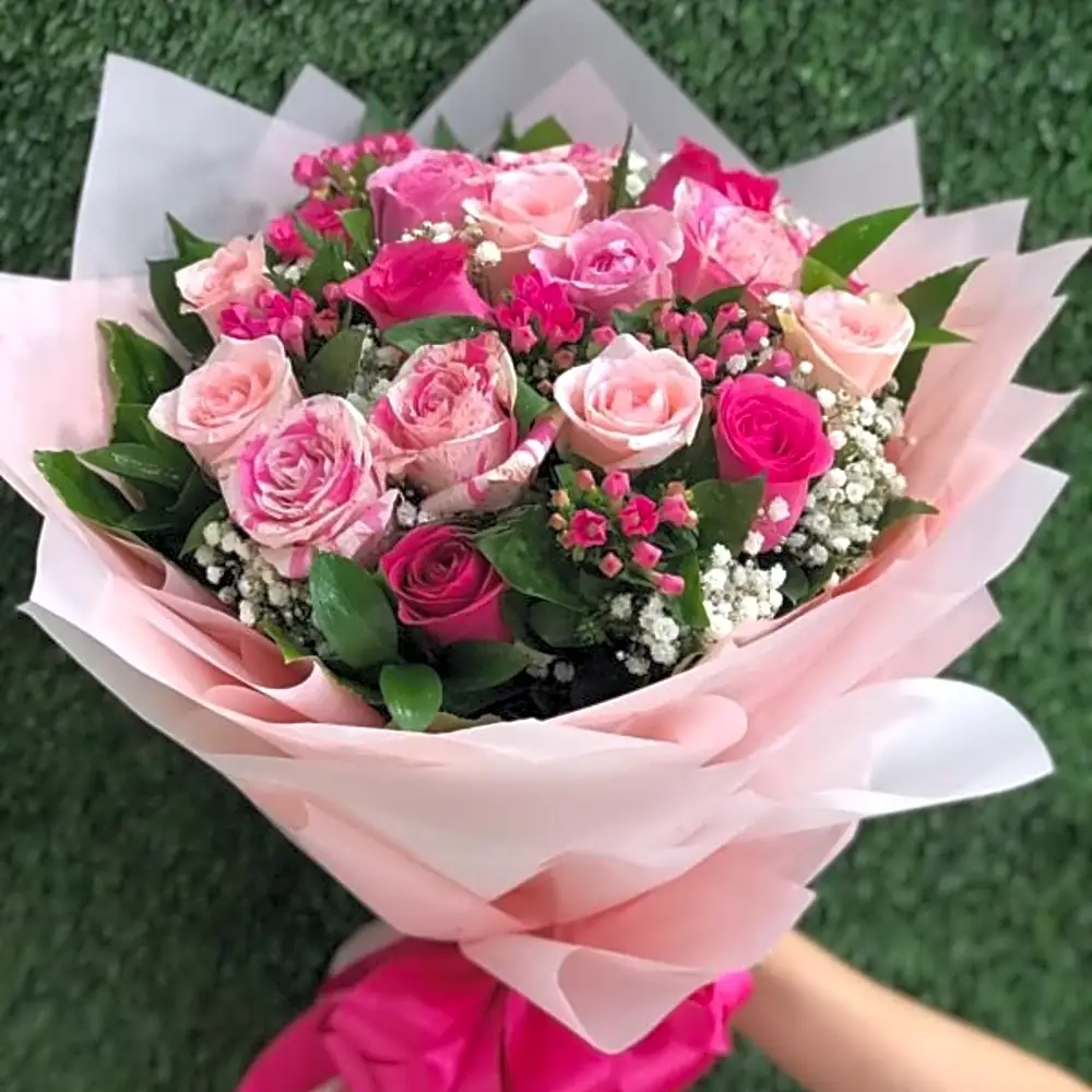 Pink roses bouquet with bouvardia flowers wrapped in pink paper N