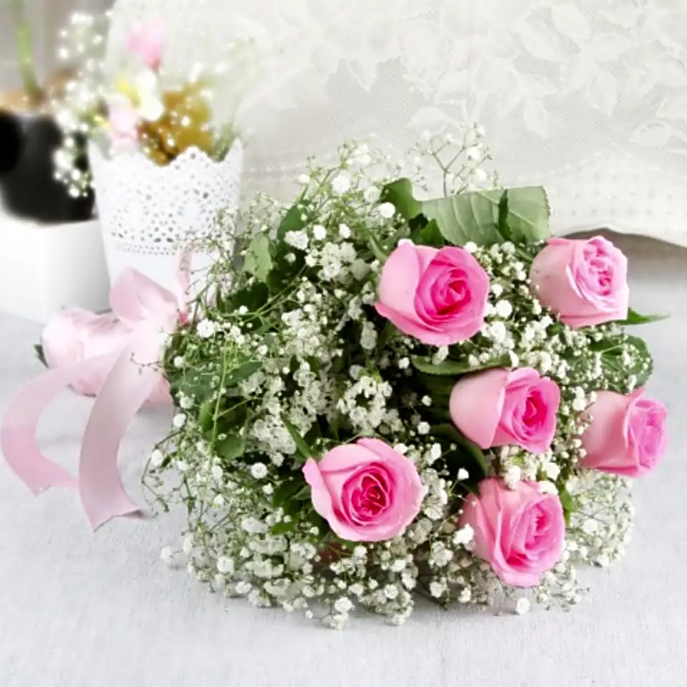 Pink rose bouquet with gypsum