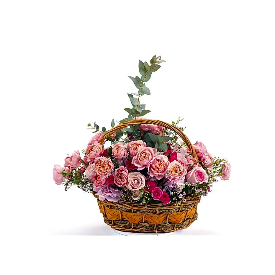 Pink basket arrangement.
