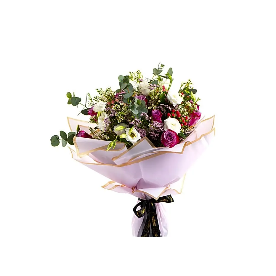 Wrap pink paper with black ribbon.