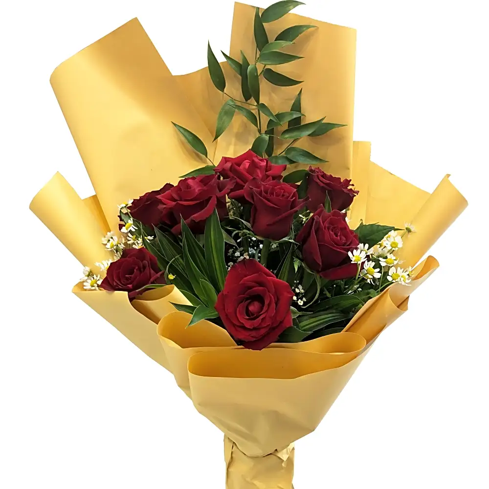 Red rose bouquet with decoration. 1