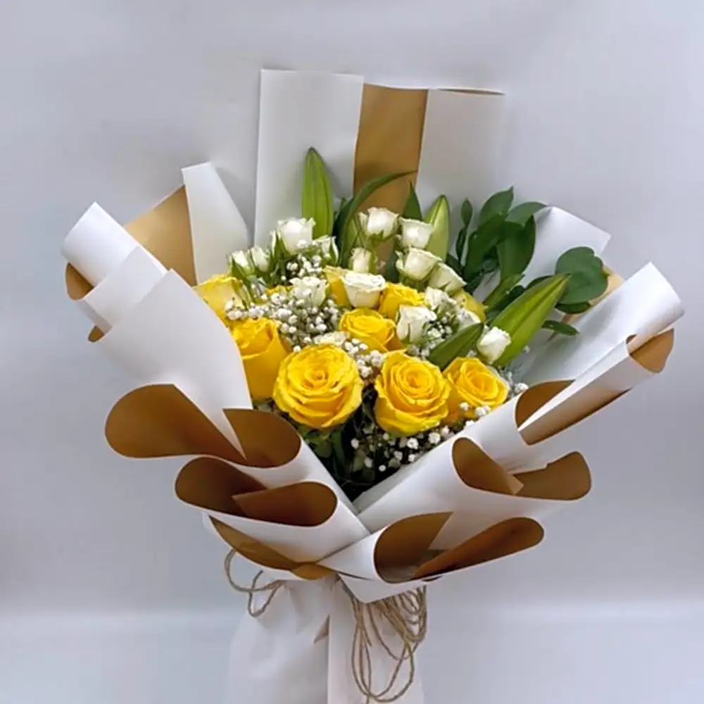Yellow rose bouquet with gypsum seeds..