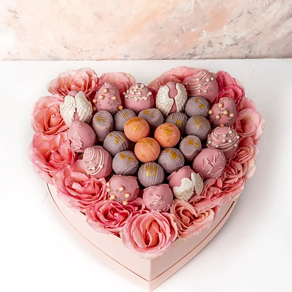 Roses, Assorted Truffles and Designer Strawberries Hamper by NJD