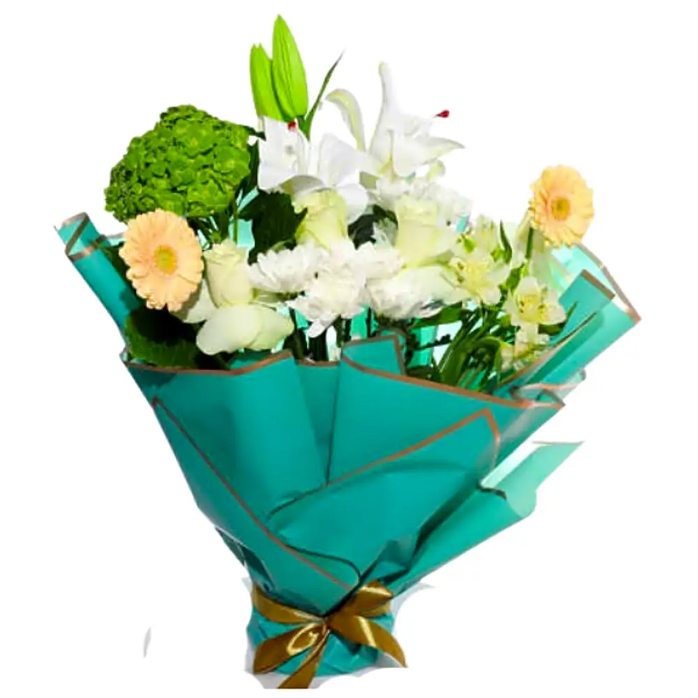 A bouquet of white and blue roses..