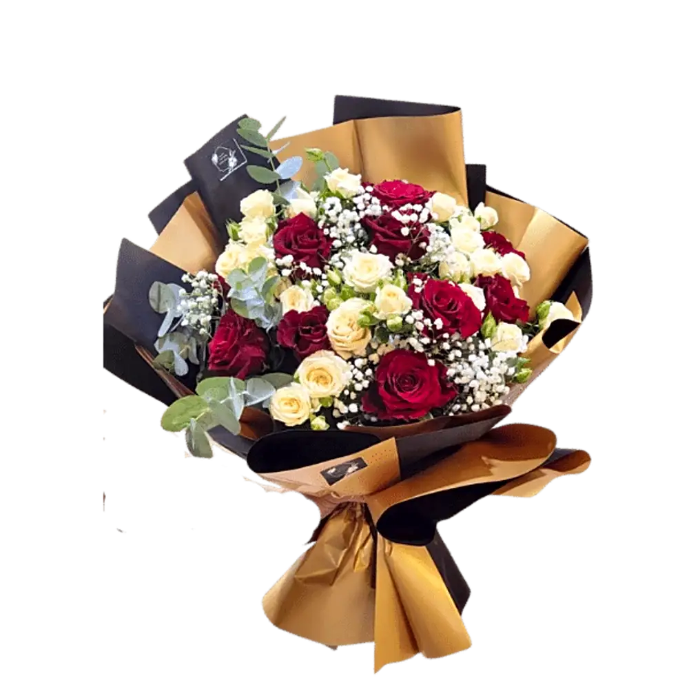 A bouquet of white and red roses