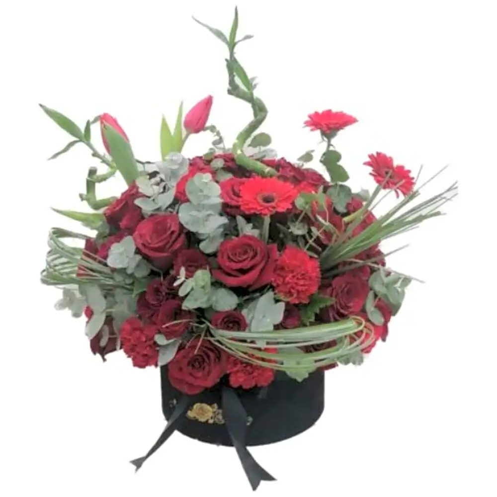 Red roses box with mix flowers and leaves N