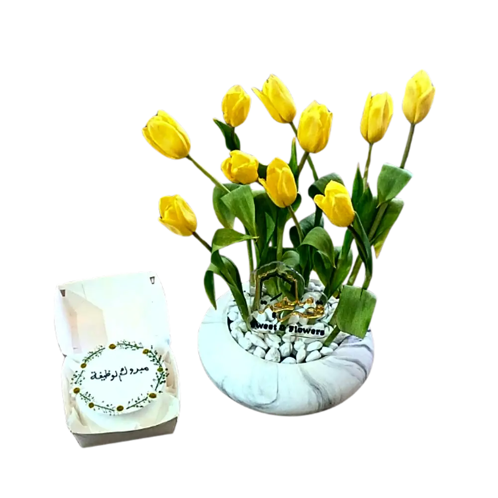 Tulip flowers and cake