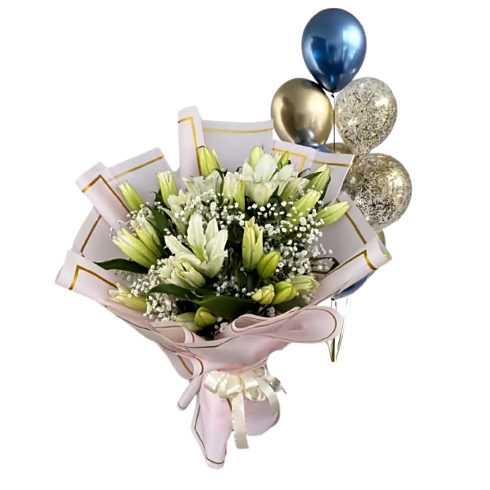 A bouquet of white tulips with a balloon