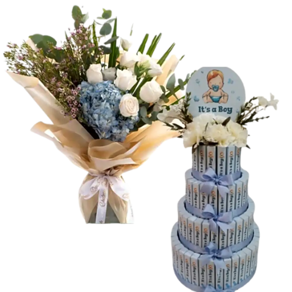Mixed pink, white and blue roses for newborn with chocolate