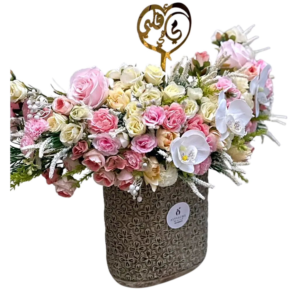 White and pink rose basket