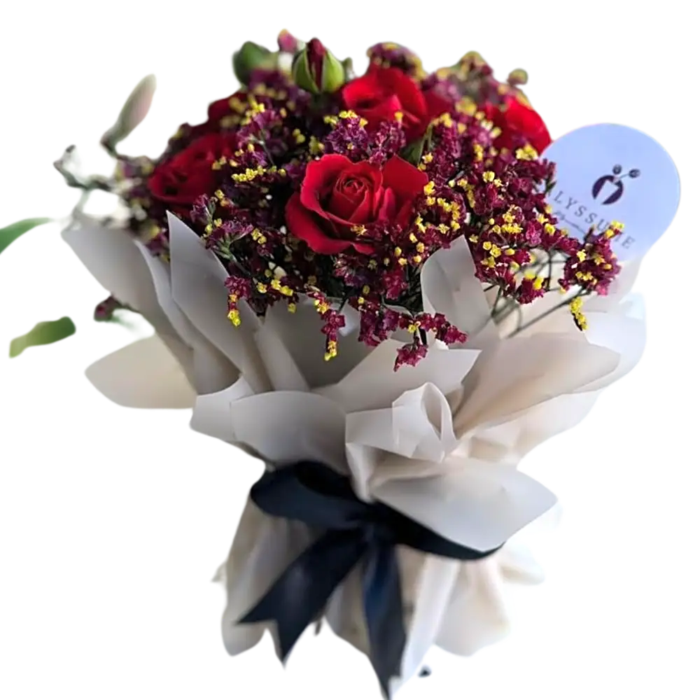 Red rose bouquet with white cover and black ribbon