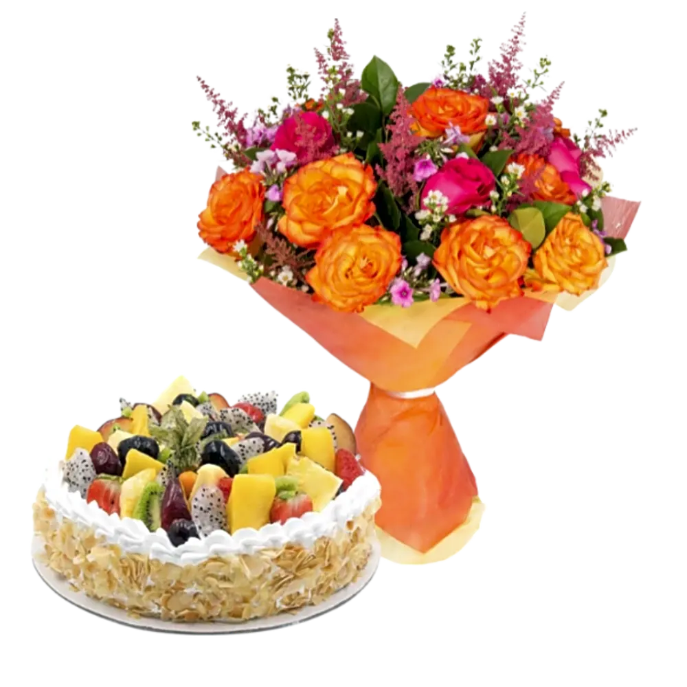 Orange and Pink Rose Bouquet and Cake