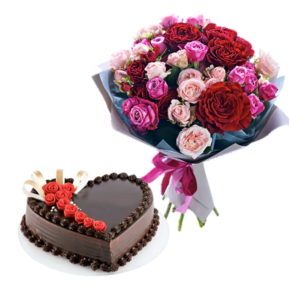 New Day Bouquet/Jourie Mix Grey and Purple Wrap and Cake