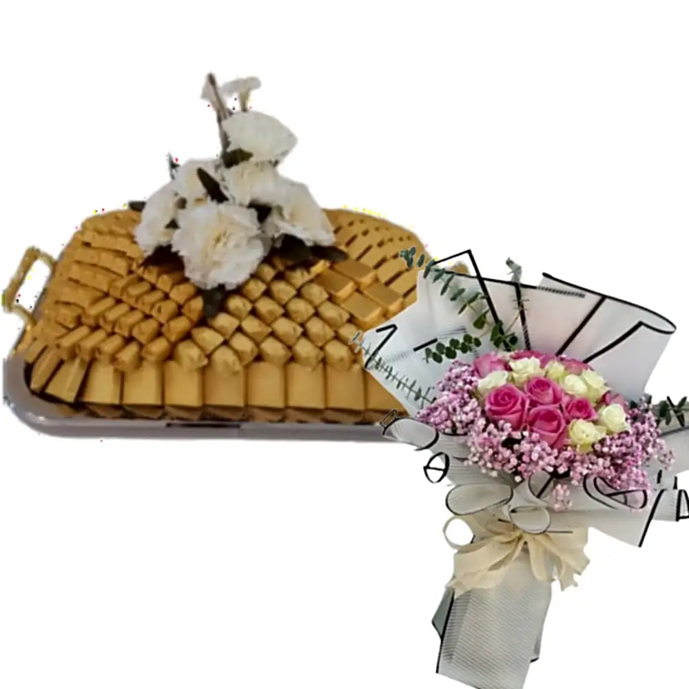 Mixed pink and white roses and gypsum… with tray chocolate mix 10