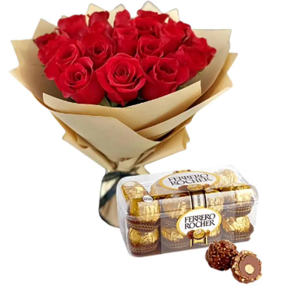 Red rose bouquet with chocolate box