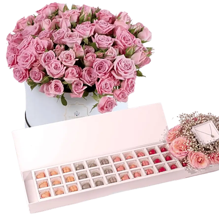 Large Chocolate tray with Bouquet and Necklace by NJD And Simply Serene Box