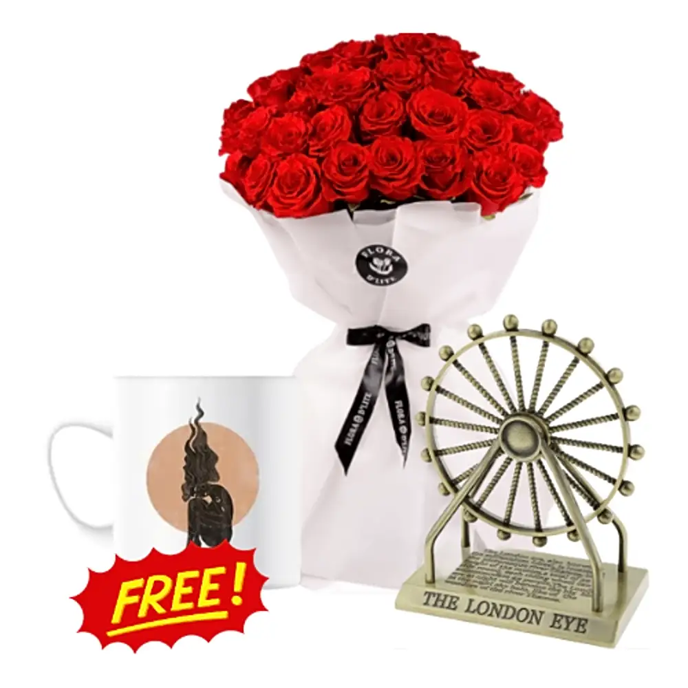 Bouquet roses with souvenirs with free mug