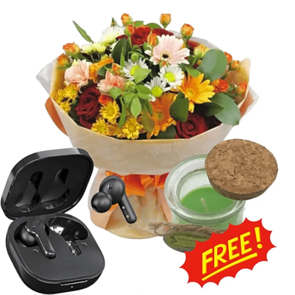 joyful blooms with bluetooth earphones with free candle