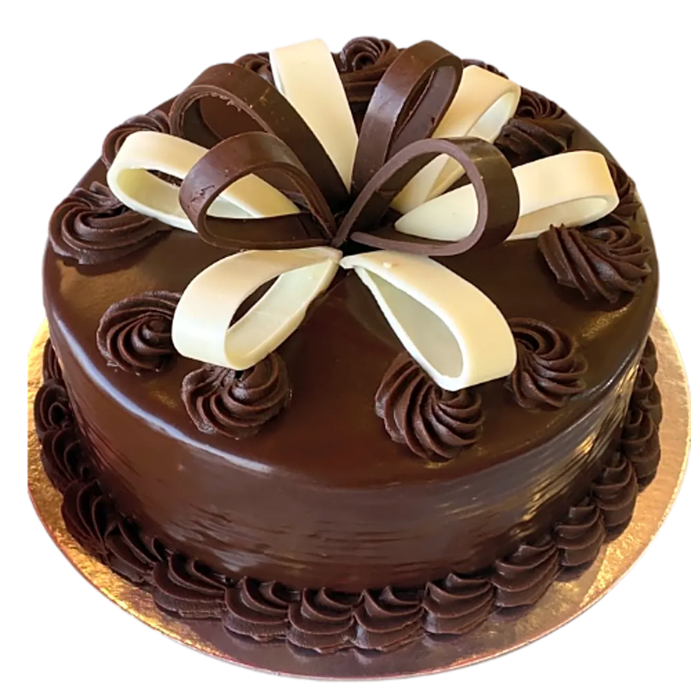 Chocolate cream cake decorated with white and dark chocolate